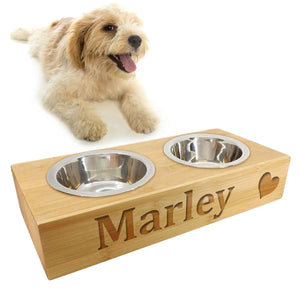 Personalised Bamboo Dog Feeder With Name & Heart