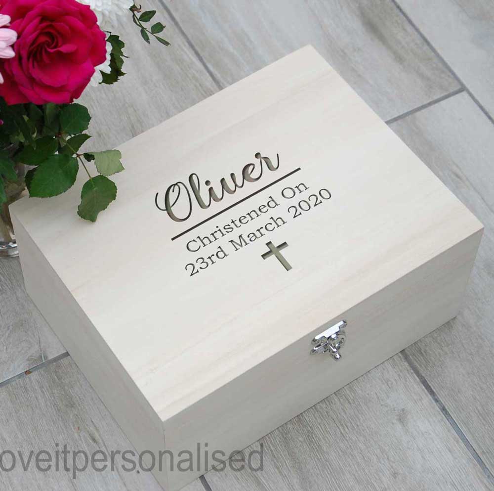 Luxury Personalised Christening Keepsake Box Name & Cross