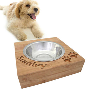 Personalised Bamboo Dog Feeder - Curved Name & Paws