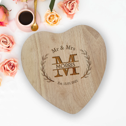 Heart Chopping Board Large Initial Mr & Mrs