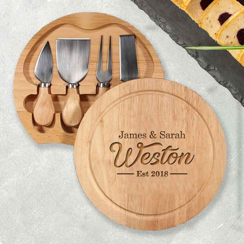 Personalised large surname cheeseboard and utensils