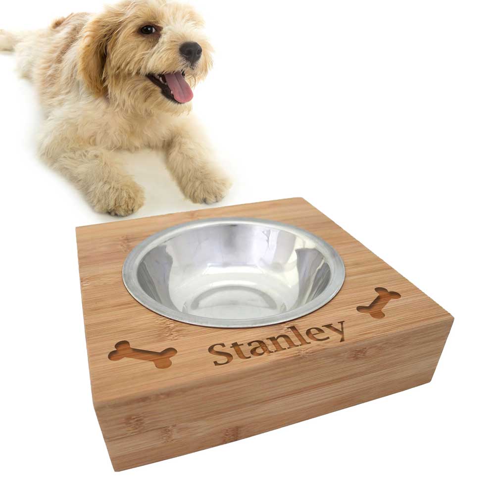 Personalised Bamboo Dog Feeder - Name & Bones