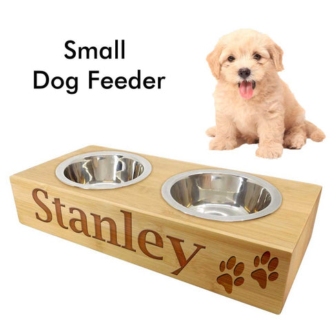 Personalised Small Dog Bamboo Feeder With Name & Paws