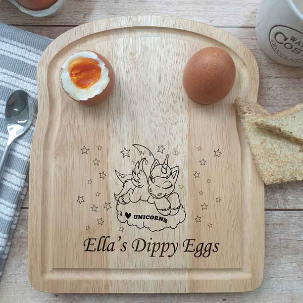 Personalised Engraved I Love Unicorns Egg and Toast Breakfast Wooden Serving Boa