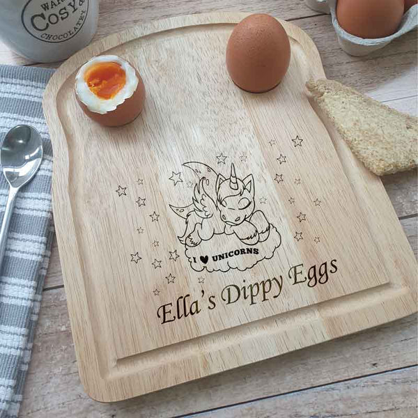 Personalised Engraved I Love Unicorns Egg and Toast Breakfast Wooden Serving Boa