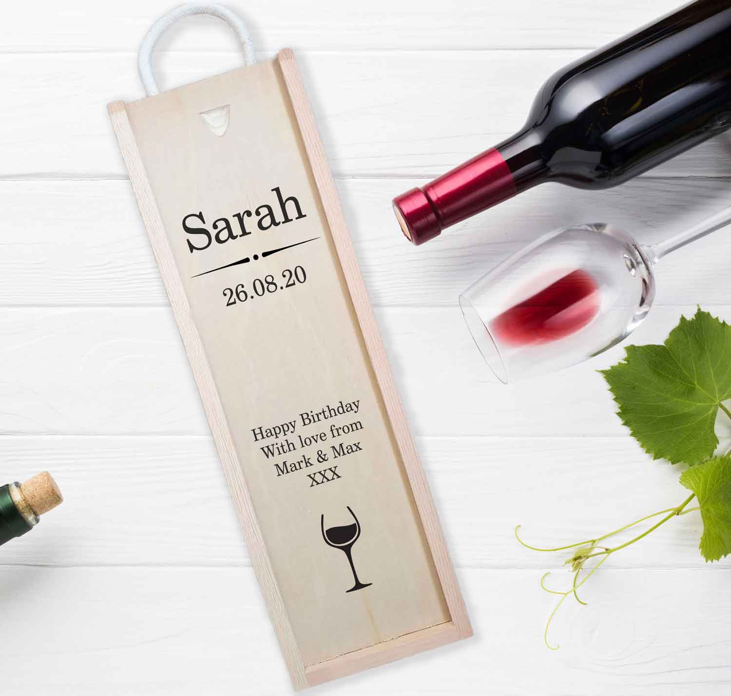 Personalised Rope Handle Wine Box Wine Glass